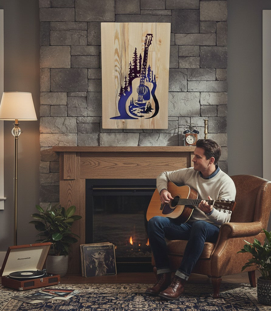TK Wood Designs handcrafted wooden guitar sign with purple and blue carved forest scene. Natural wood grain.