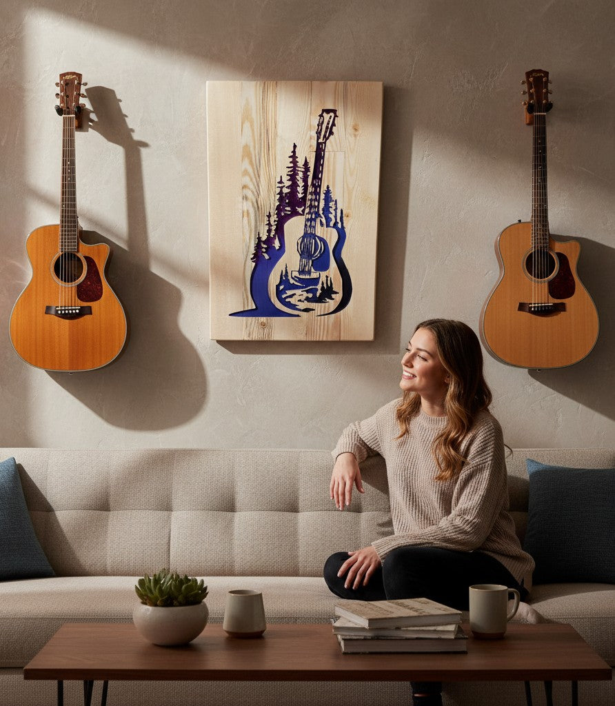 TK Wood Designs handcrafted wooden guitar sign with purple and blue carved forest scene. Natural wood grain.