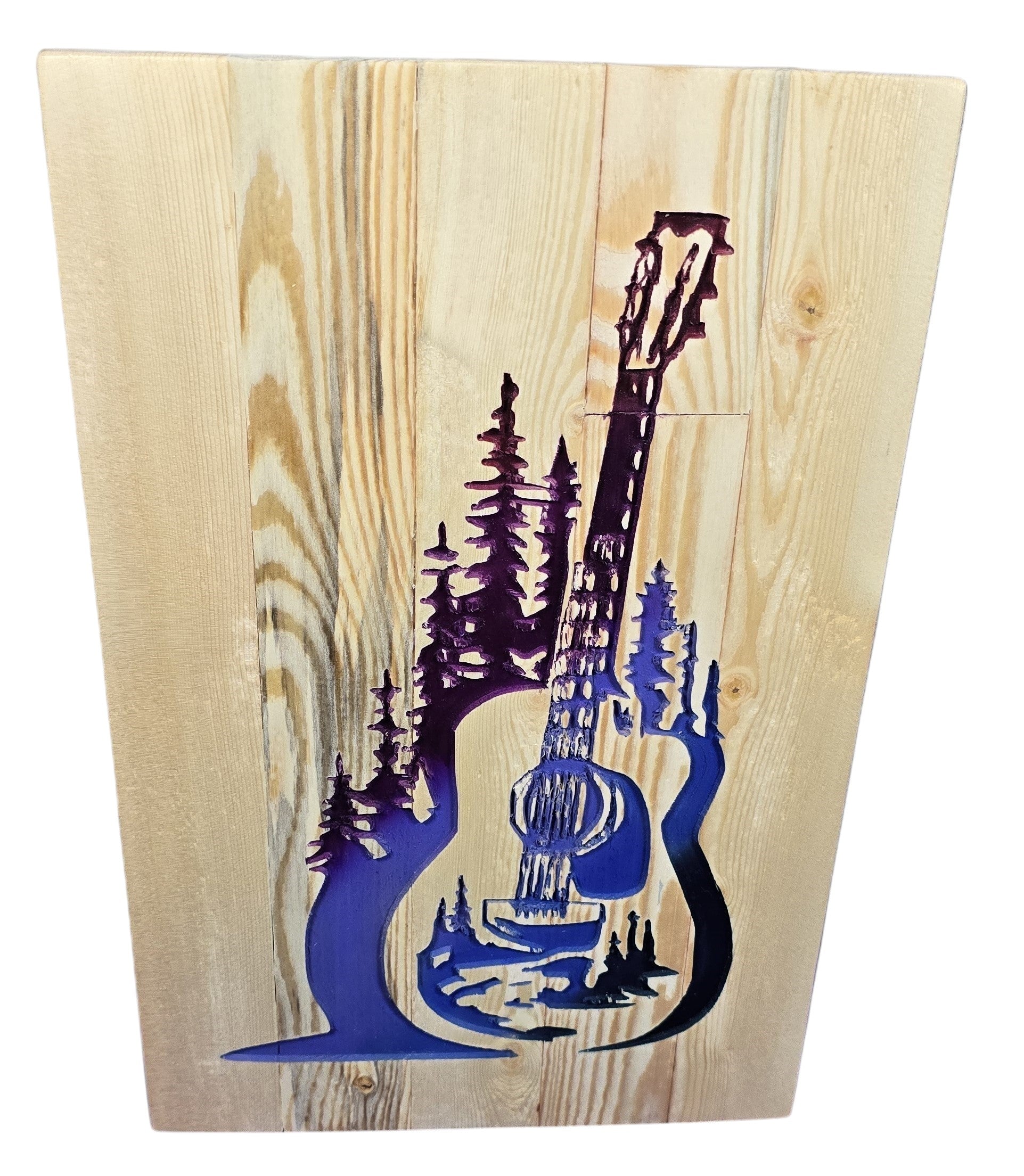 TK Wood Designs handcrafted wooden guitar sign with purple and blue carved forest scene. Natural wood grain.