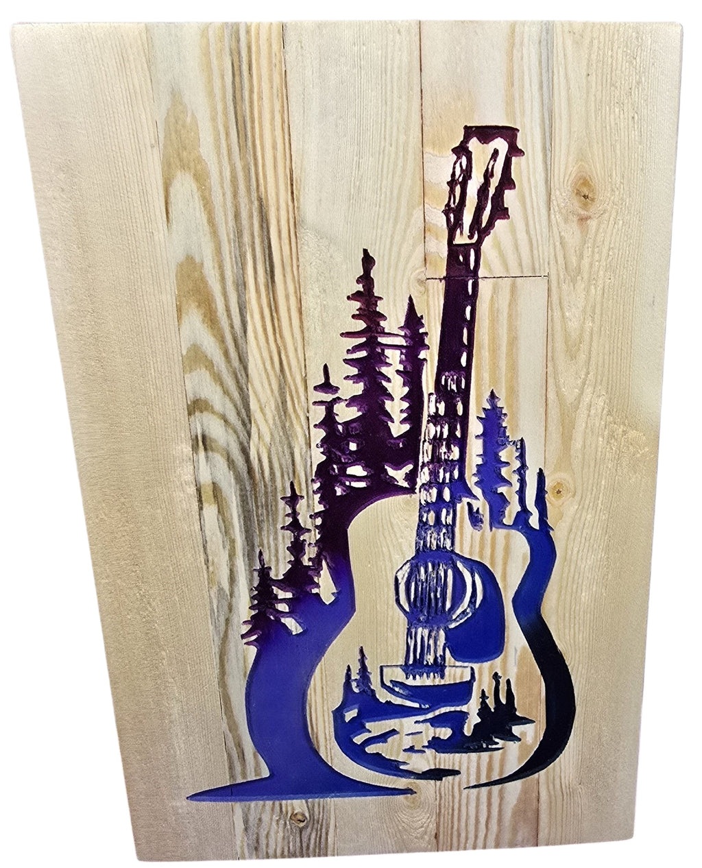 TK Wood Designs handcrafted wooden guitar sign with purple forest silhouette. Natural wood grain.