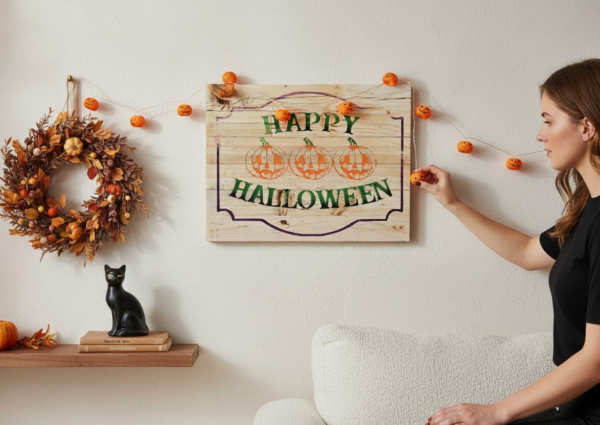 TK Wood Designs rustic wooden sign with three carved pumpkins and "Happy Halloween" text in green and orange.