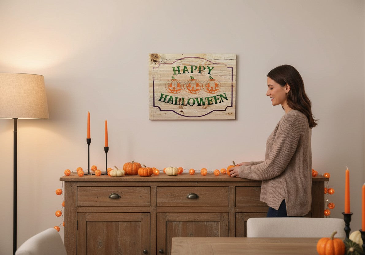 TK Wood Designs rustic wooden Halloween sign with three hand-painted pumpkins and "Happy Halloween" text in green.