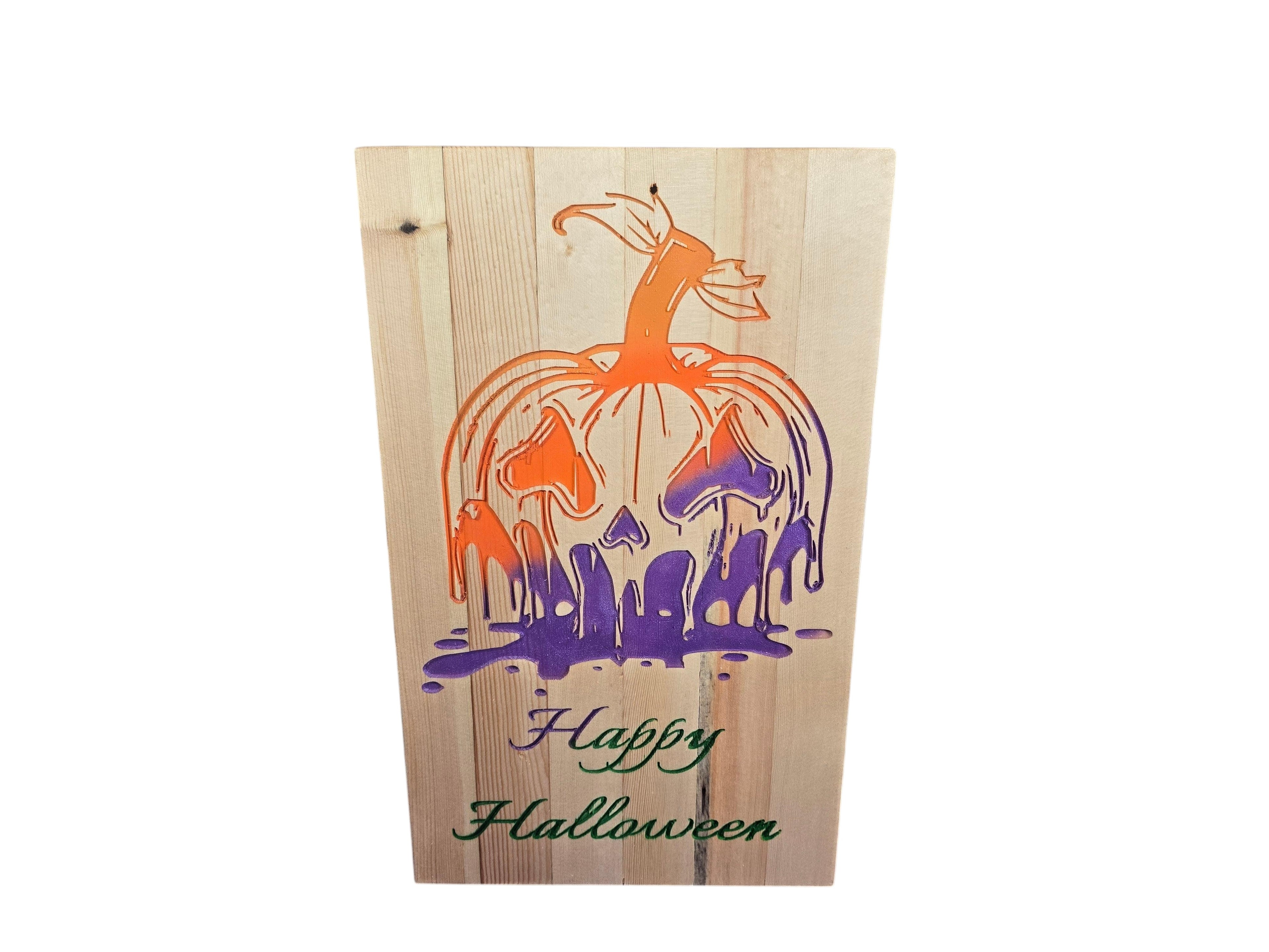 TK Wood Designs melting pumpkin Halloween sign, hand-painted on reclaimed wood with orange and purple drips.