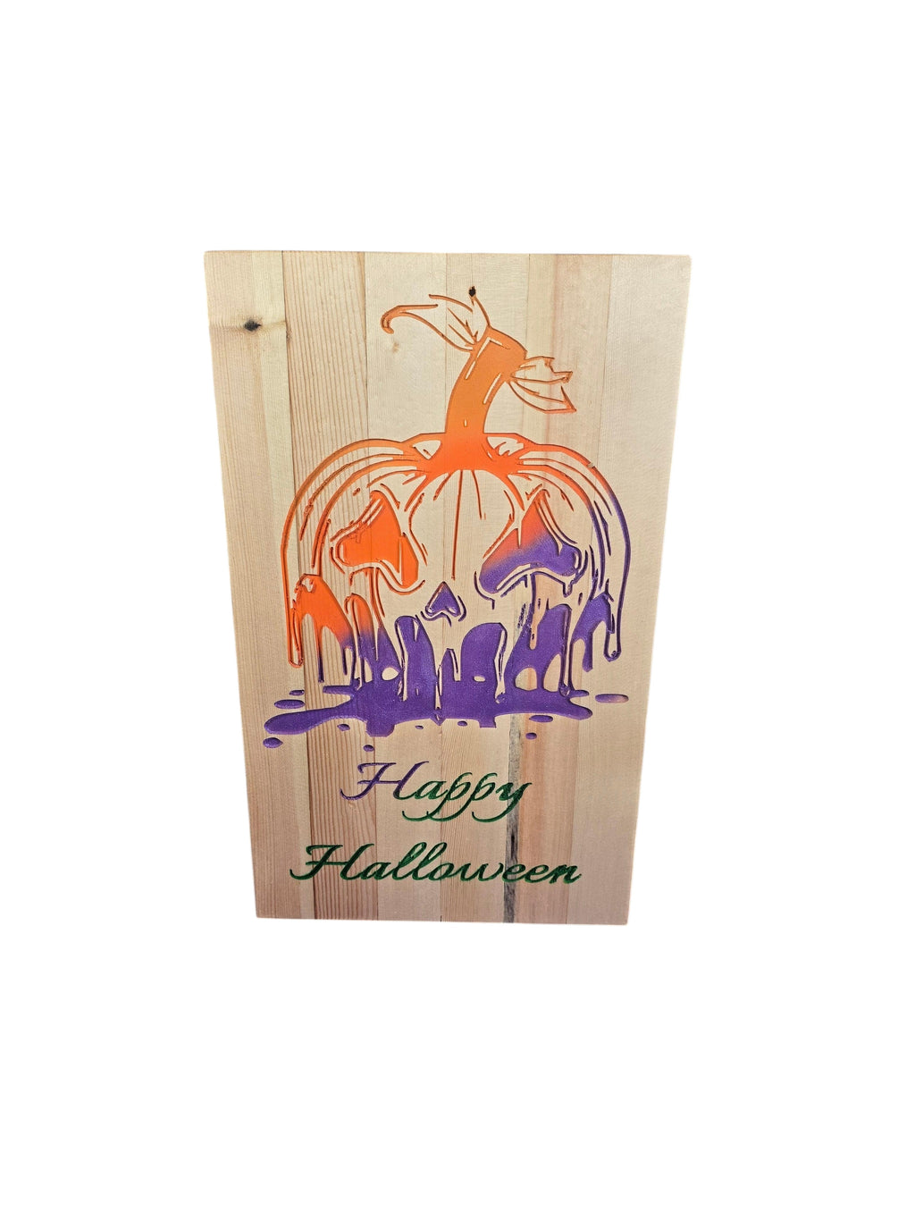 TK Wood Designs Melting pumpkin Halloween sign, hand-painted on reclaimed wood with orange and purple dripping pumpkin design.