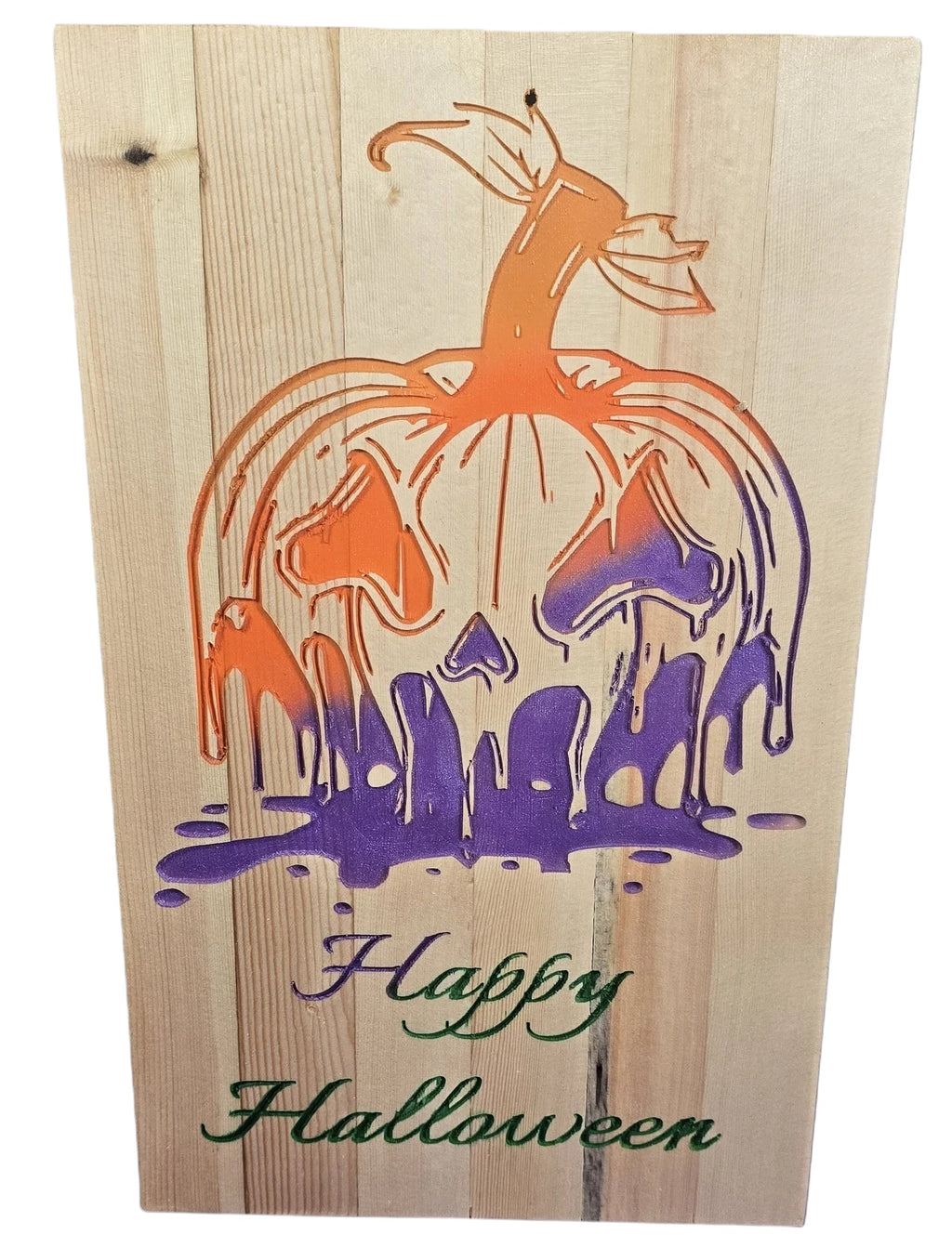 TK Wood Designs handcrafted wooden Halloween sign featuring a melting pumpkin in orange and purple with "Happy Halloween" text.