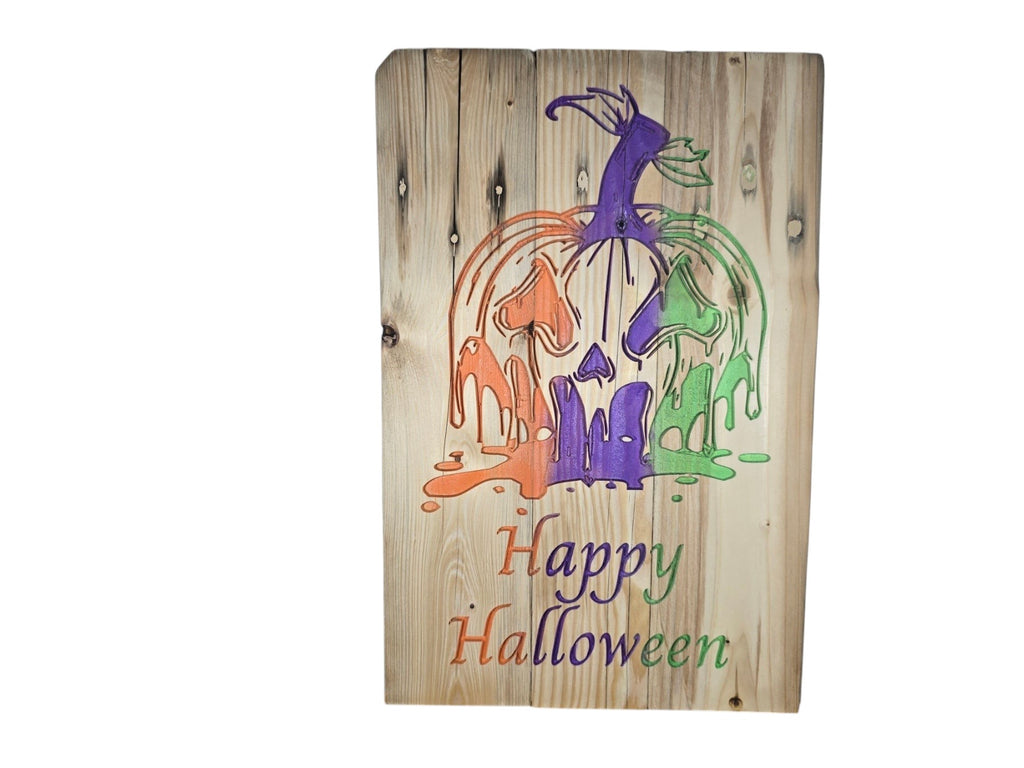 TK Wood Designs rustic wooden wall sign featuring a colorful melting pumpkin design and Happy Halloween text.