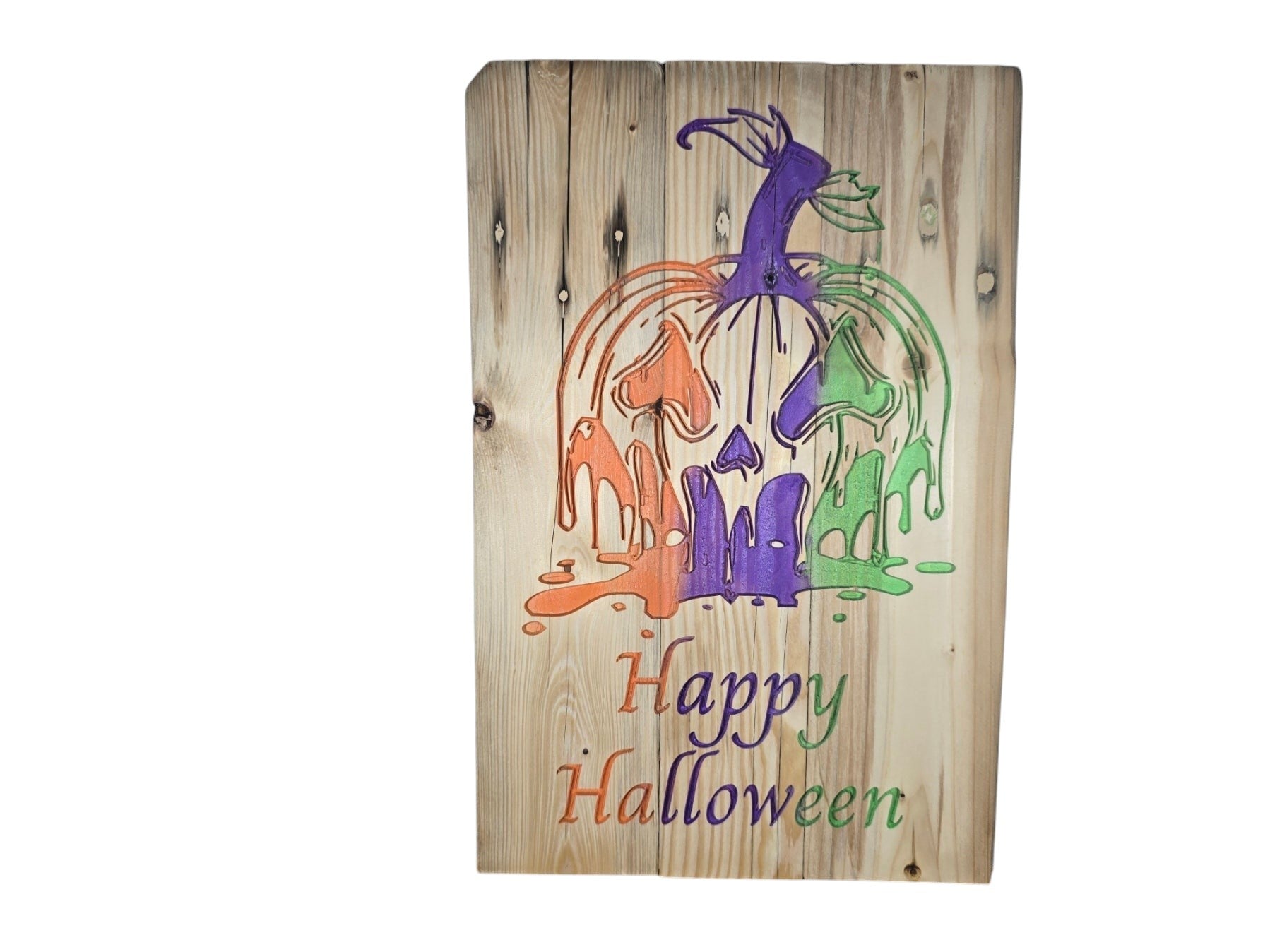 TK Wood Designs rustic wooden wall sign featuring a colorful melting pumpkin design and Happy Halloween text.