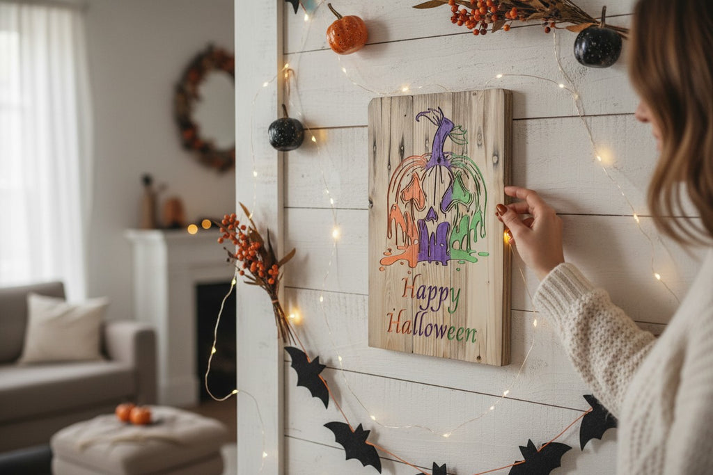 TK Wood Designs rustic wooden wall sign featuring a colorful melting pumpkin and Happy Halloween text on white shiplap