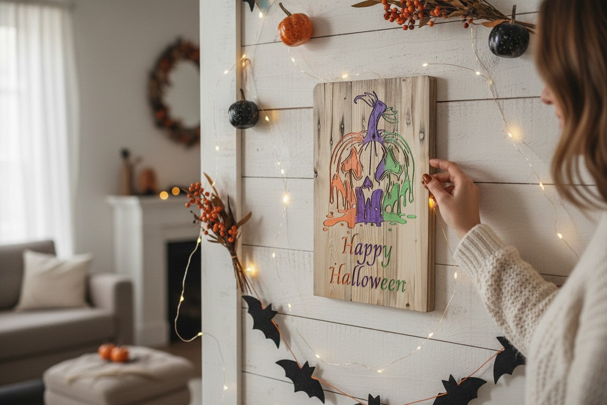 TK Wood Designs rustic wooden wall sign featuring a colorful melting pumpkin and Happy Halloween text on white shiplap