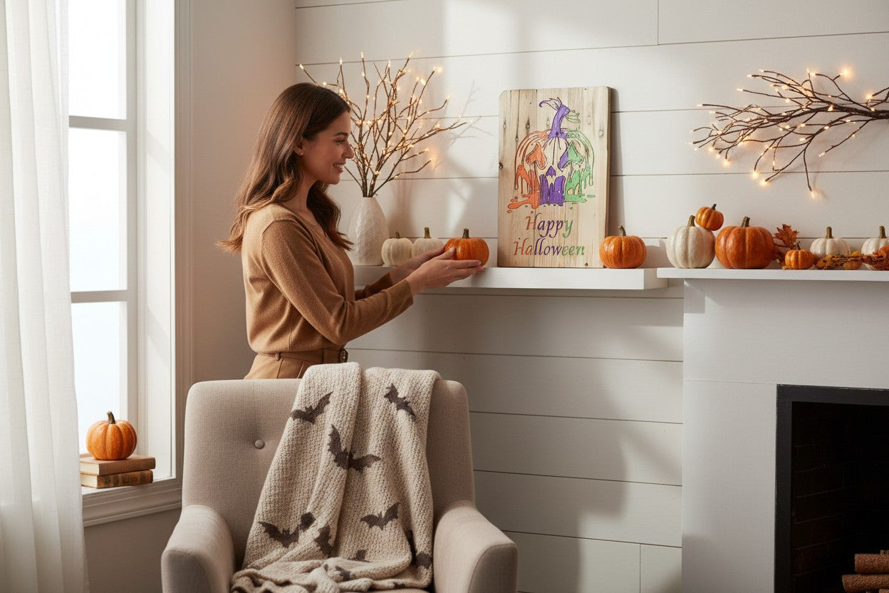 TK Wood Designs rustic wooden Halloween wall sign with a colorful melting pumpkin design on a decorated mantelpiece.