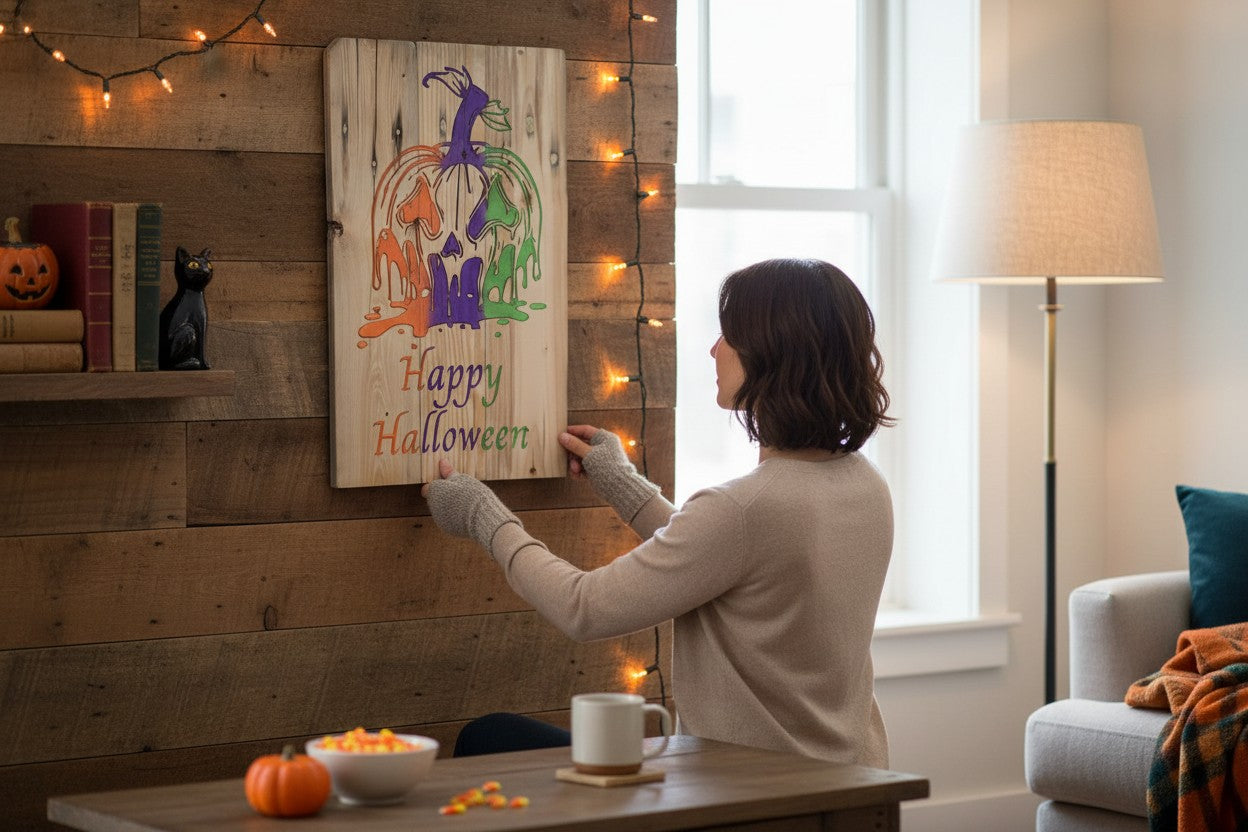Woman hanging a TK Wood Designs rustic wooden sign with a colorful melting pumpkin and Happy Halloween text on a wall.