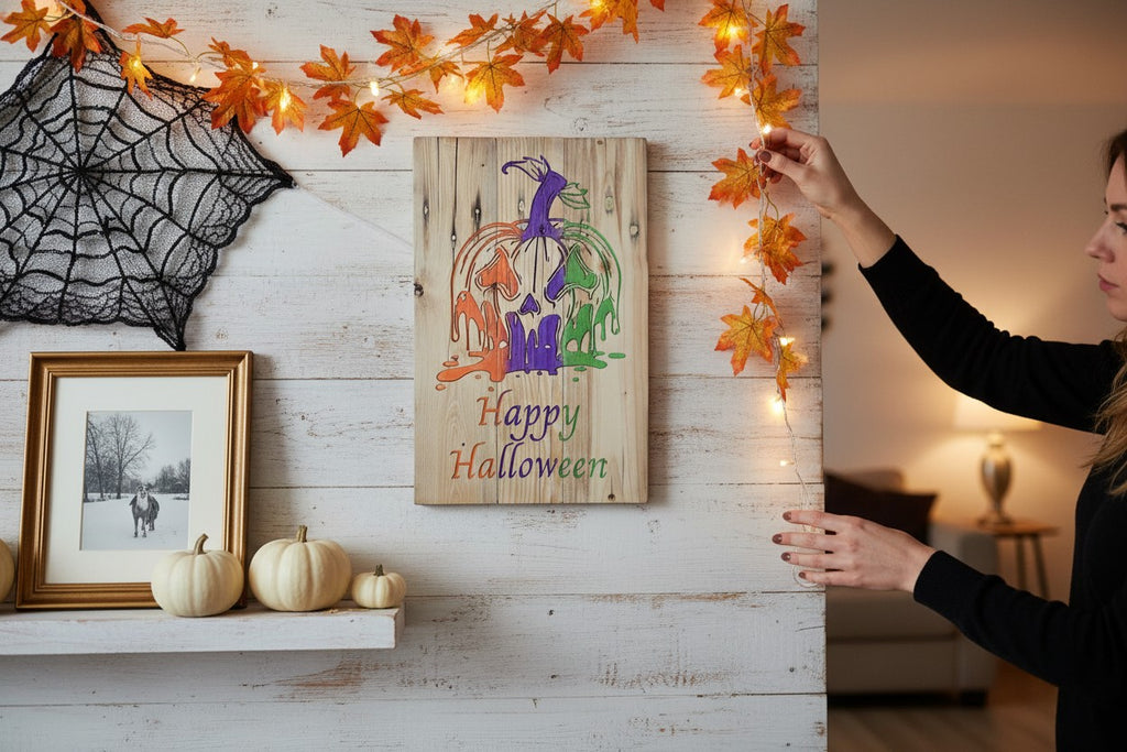 TK Wood Designs rustic wooden Halloween wall sign with a colorful melting pumpkin and Happy Halloween text.