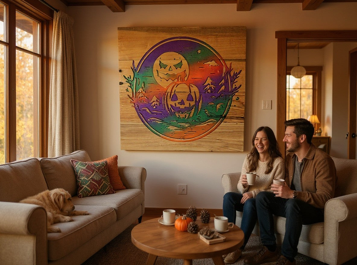 TK Wood Designs handcrafted wooden Halloween wall art featuring a laser-cut jack-o'-lantern and moon in a living room.