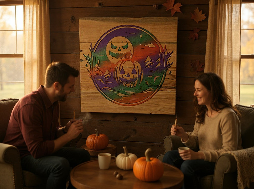 TK Wood Designs handcrafted wooden Halloween wall art featuring a laser-cut jack-o'-lantern and moon gradient design.