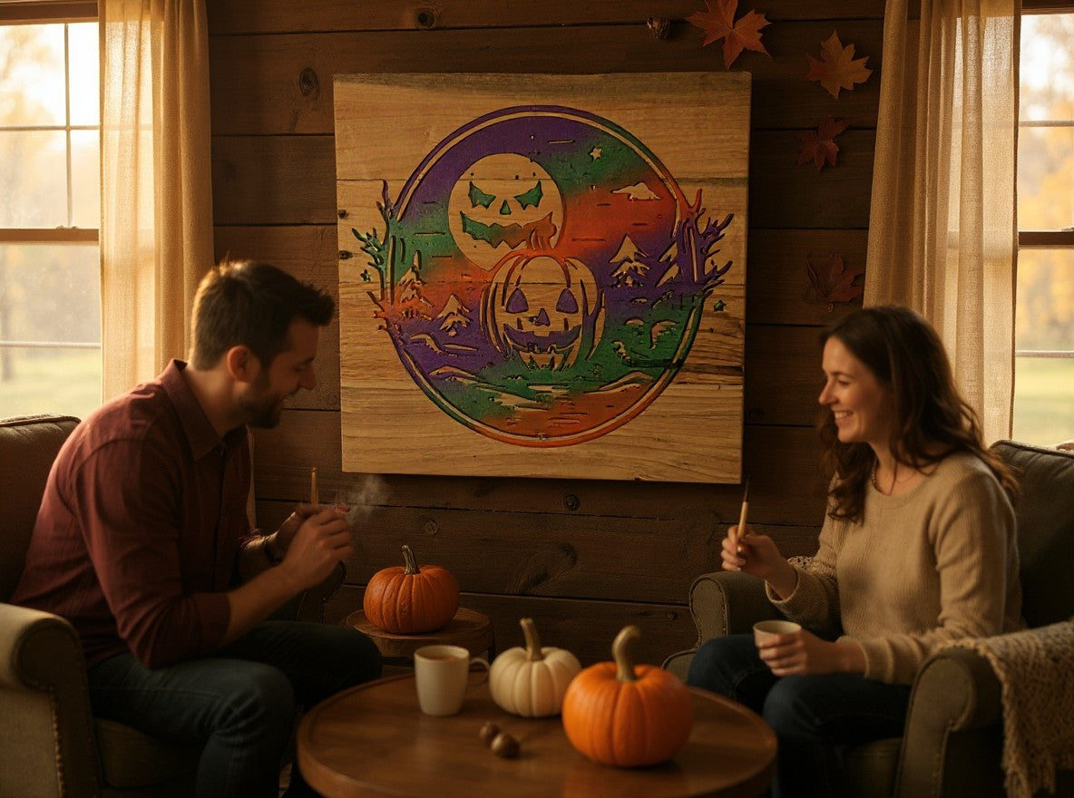TK Wood Designs handcrafted wooden Halloween wall art featuring a laser-cut jack-o'-lantern and moon gradient design.