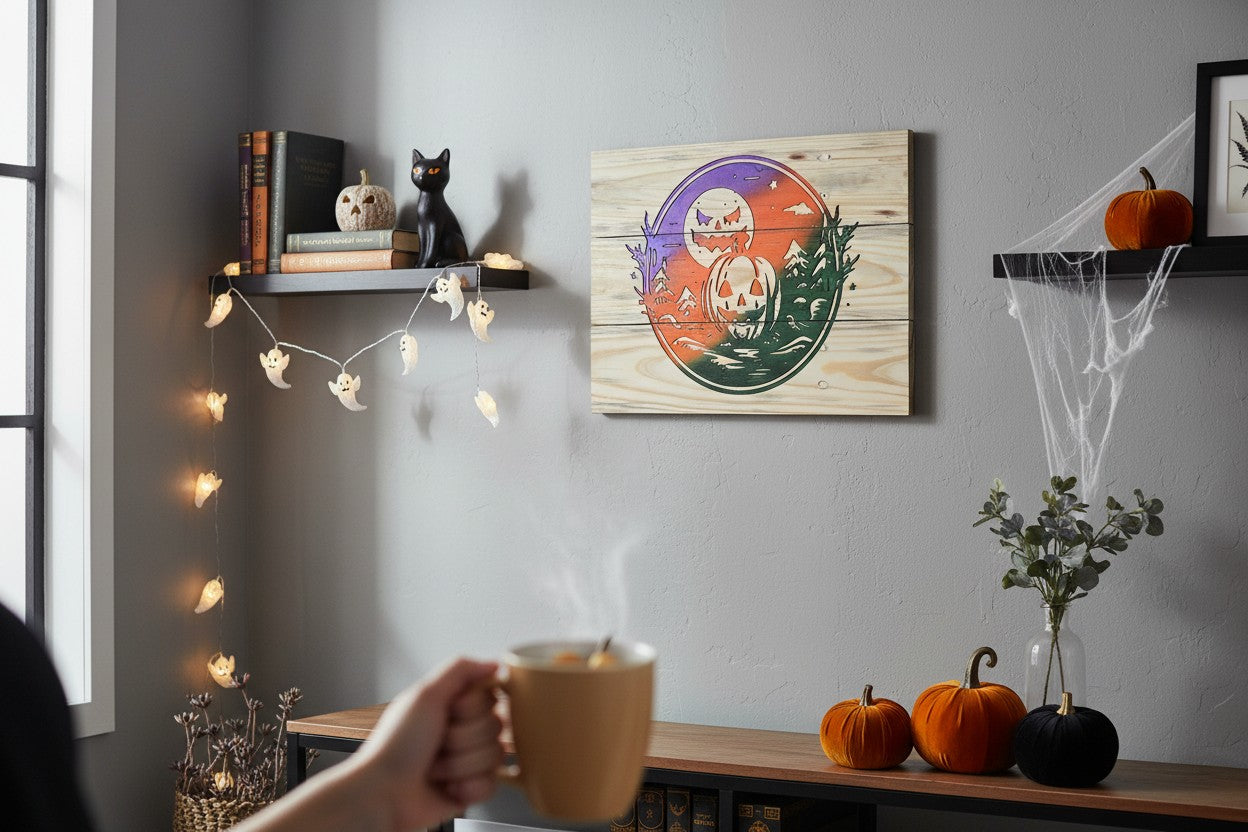 TK Wood Designs rustic plank wall art with a colorful laser-cut pumpkin and moon Halloween motif in a cozy room.