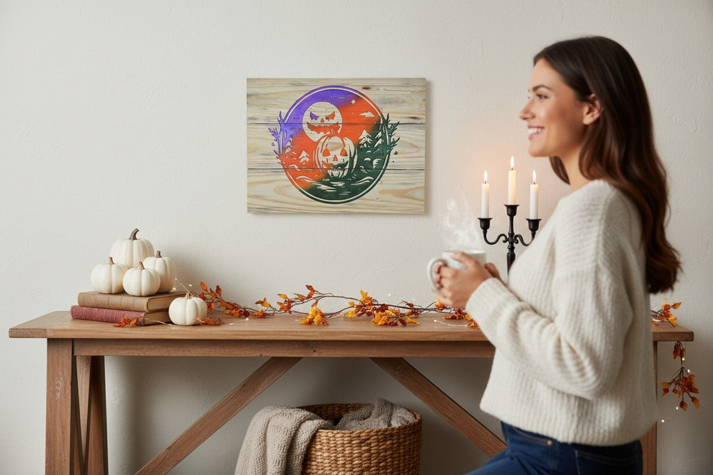 TK Wood Designs rustic wooden Halloween wall sign with a colorful pumpkin and moon laser-cut design above a mantel.