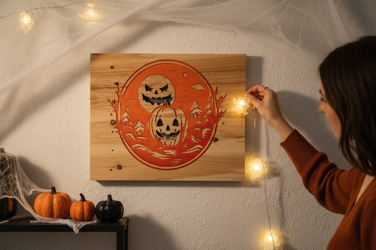 TK Wood Designs rustic wood sign with carved Halloween pumpkins, moon, and spooky trees in orange and black.