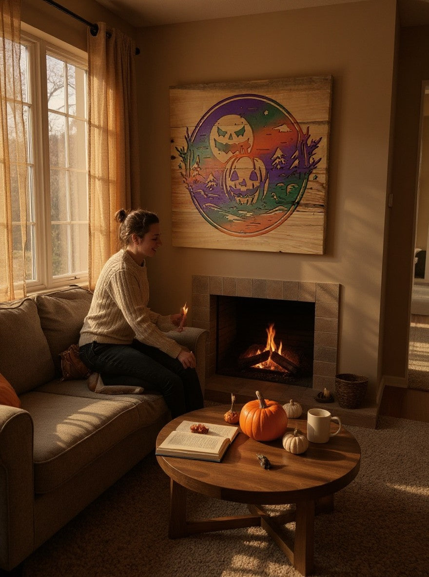TK Wood Designs handcrafted wooden Halloween wall art with a laser-cut jack-o'-lantern and moon in a cozy living room.
