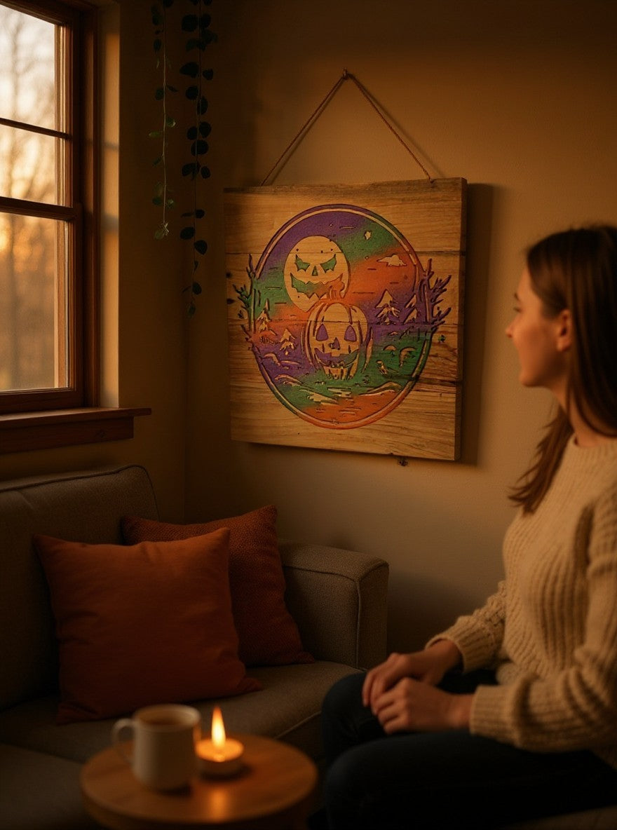 TK Wood Designs handcrafted wooden Halloween wall art featuring a laser-cut jack-o'-lantern and moon in gradient colors.