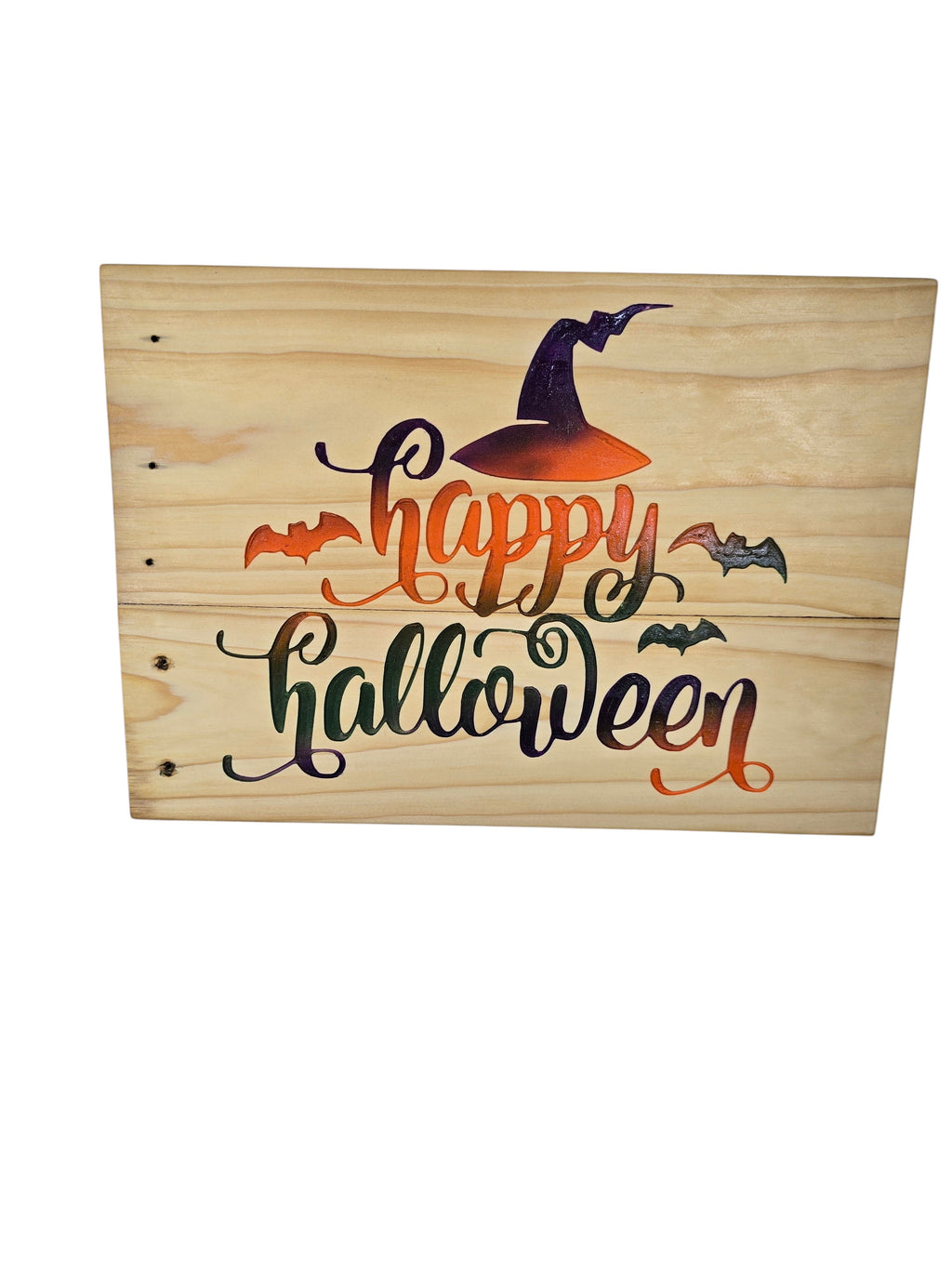 TK Wood Designs natural wood Halloween sign with "happy Halloween" text, witch hat, and bats.