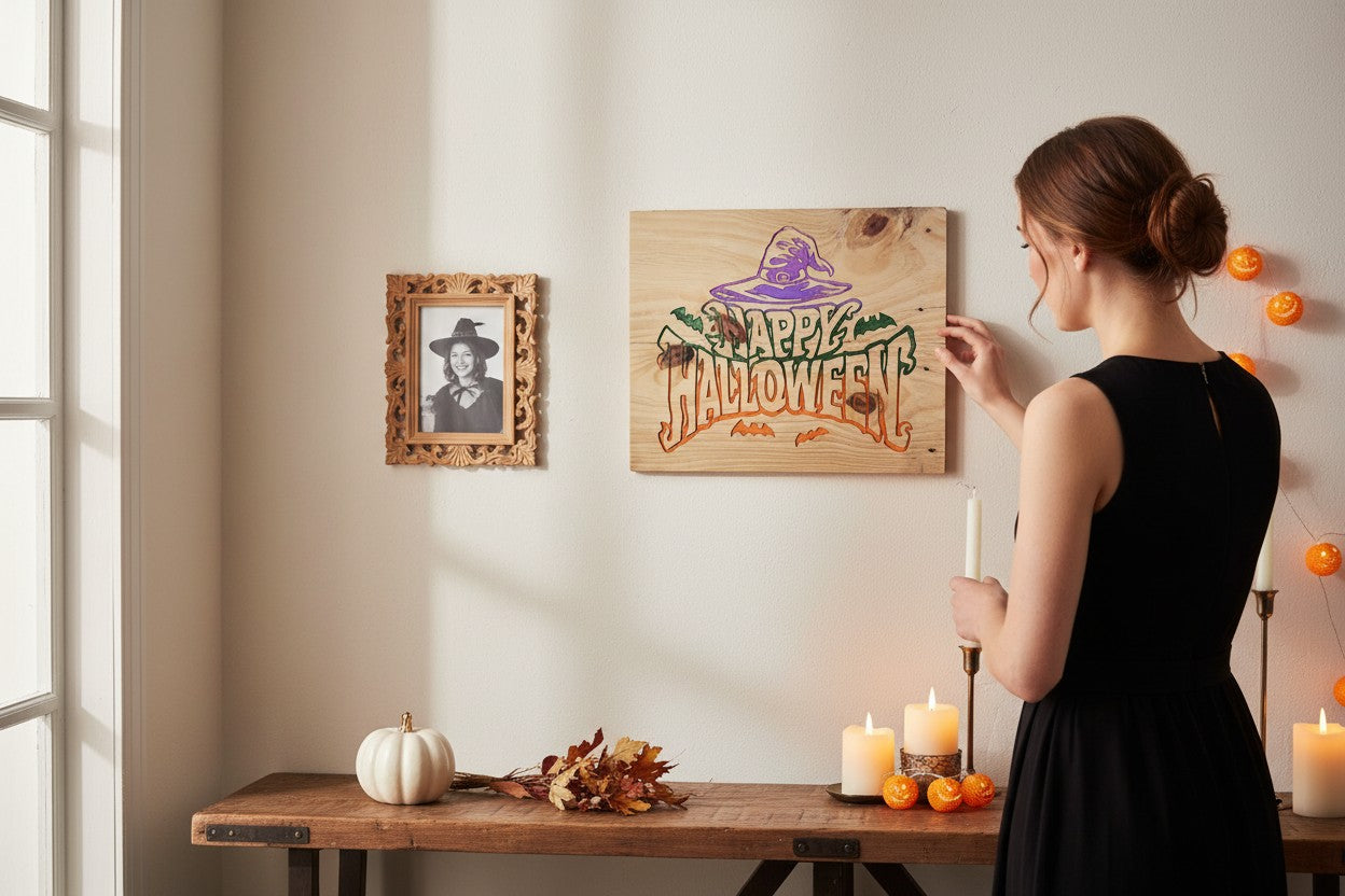TK Wood Designs rustic wooden Happy Halloween wall sign with witch hat and bat graphics hanging on a living room wall.