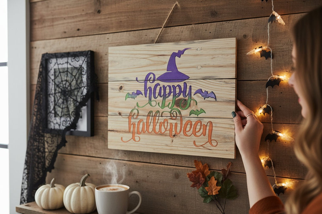 TK Wood Designs rustic wooden Happy Halloween wall sign with witch hat and bat graphics hanging on a wood wall.