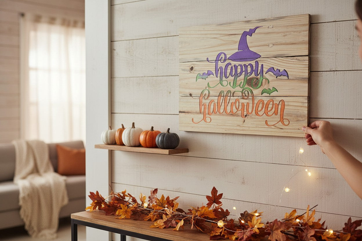 TK Wood Designs rustic wooden Happy Halloween wall sign with witch hat and bat art hanging on a white plank wall