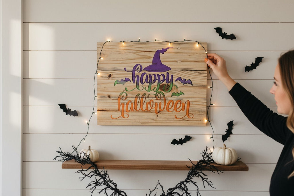 TK Wood Designs rustic wooden Happy Halloween wall sign with witch hat and bat graphics, styled with fairy lights.