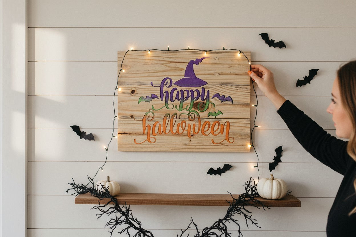 TK Wood Designs rustic wooden Happy Halloween wall sign with witch hat and bat graphics, styled with fairy lights.