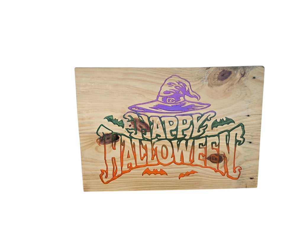 TK Wood Designs rustic wooden Happy Halloween wall sign with a purple witch hat and bat silhouettes