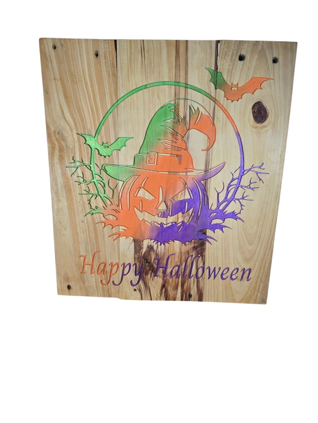 TK Wood Designs rustic wooden Happy Halloween wall sign with a colorful jack-o'-lantern and witch hat graphic.