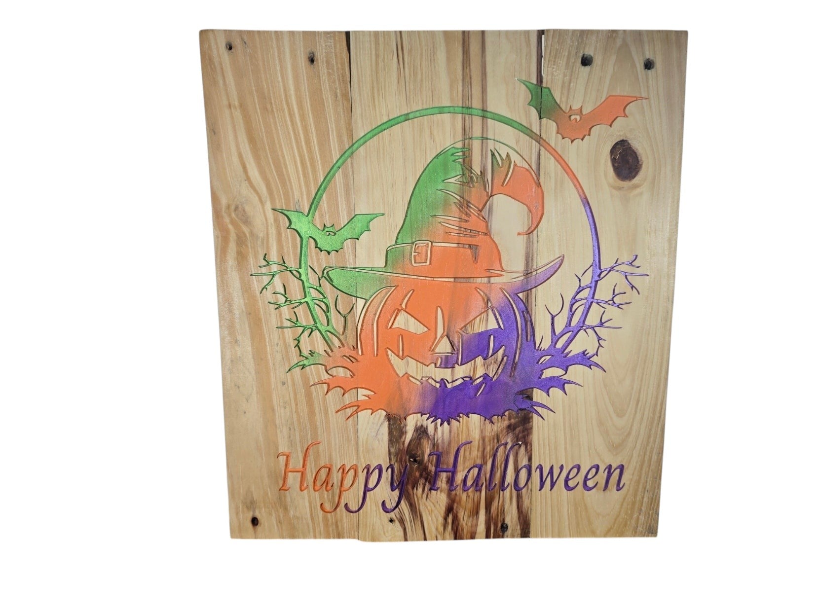 TK Wood Designs rustic wooden Happy Halloween sign featuring a colorful jack-o'-lantern in a witch hat and bats.