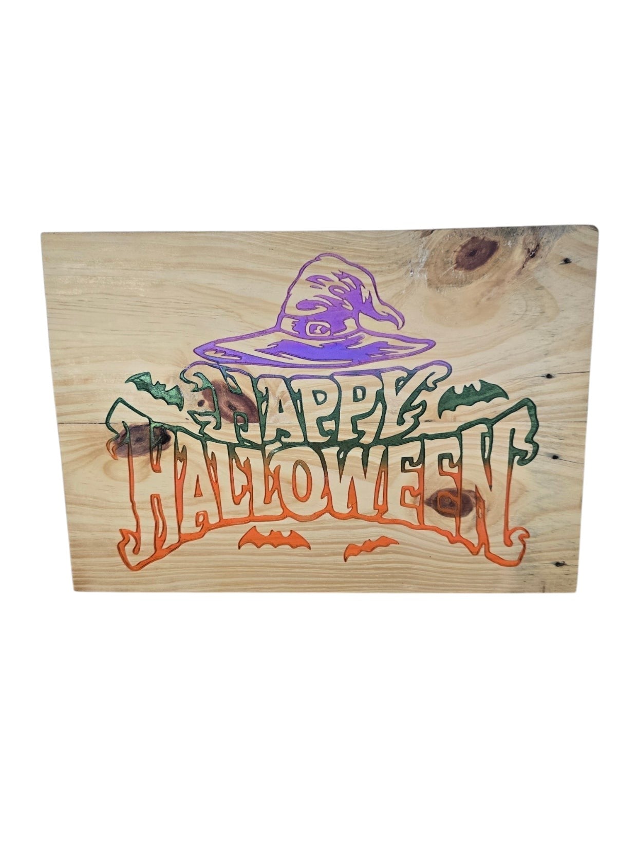 TK Wood Designs rustic wooden Happy Halloween wall sign featuring a purple witch hat and green bat silhouettes.
