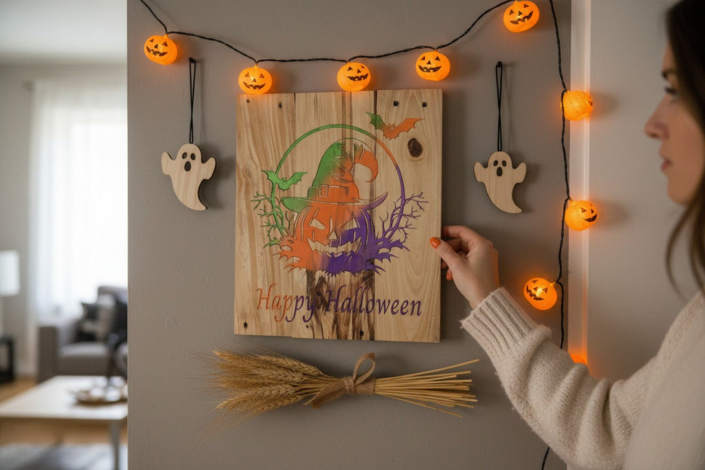 TK Wood Designs rustic wooden Happy Halloween wall sign with a colorful jack-o'-lantern graphic hanging on a wall.