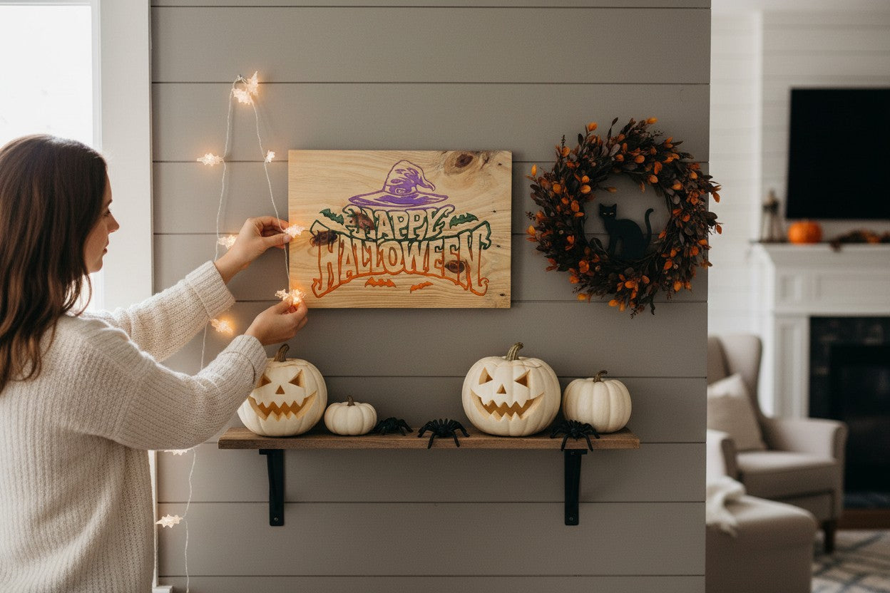 TK Wood Designs rustic wooden Happy Halloween wall sign with witch hat and bat graphics displayed on a home mantel.