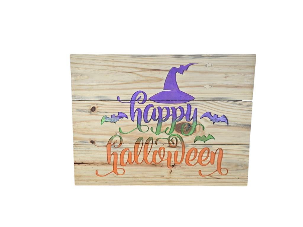 TK Wood Designs rustic wooden wall sign with Happy Halloween text, purple witch hat, and bats on natural wood planks