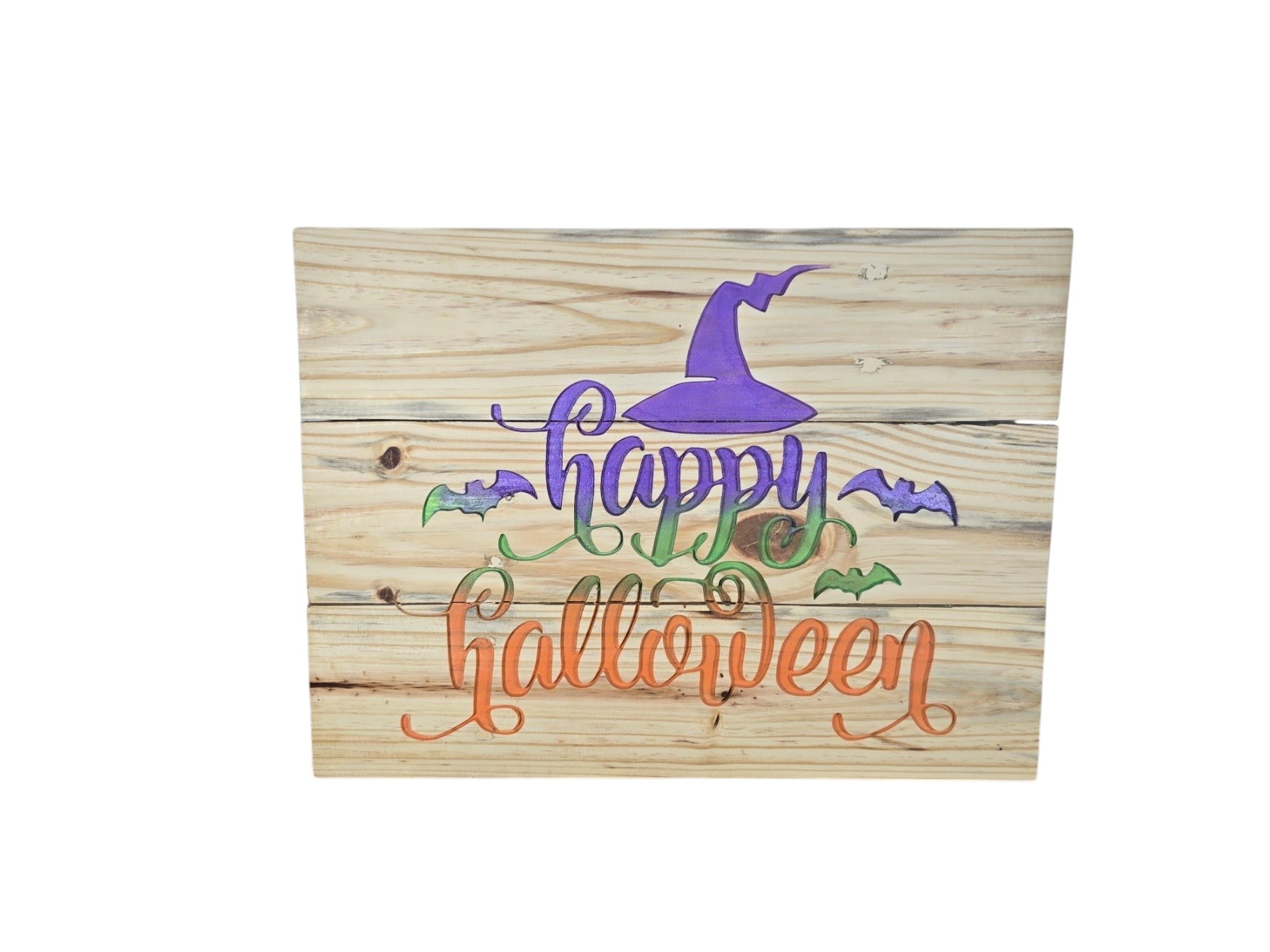 TK Wood Designs rustic wooden wall sign with Happy Halloween text, purple witch hat, and bats on natural wood planks