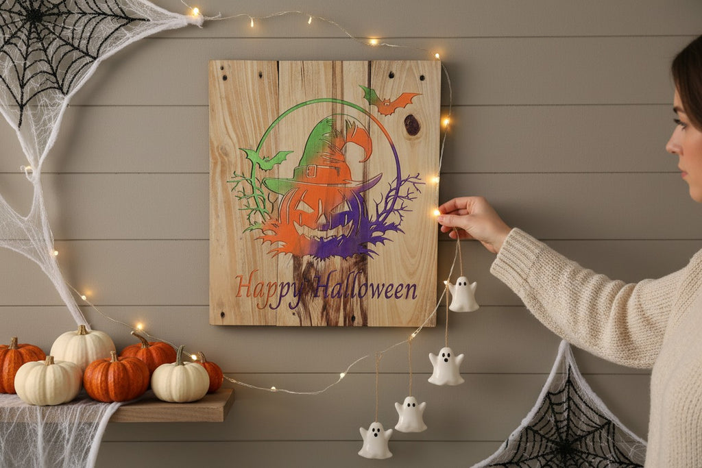 TK Wood Designs rustic wooden Happy Halloween wall sign featuring a colorful jack-o'-lantern, bats, and fairy lights.