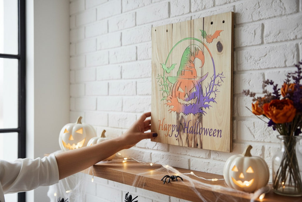 TK Wood Designs rustic wooden Happy Halloween sign with a colorful jack-o'-lantern and witch hat graphic on a brick wall