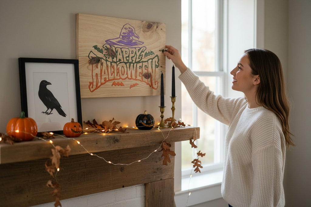 Woman hanging a TK Wood Designs Happy Halloween wooden sign with witch hat and bat art above a festive mantelpiece.