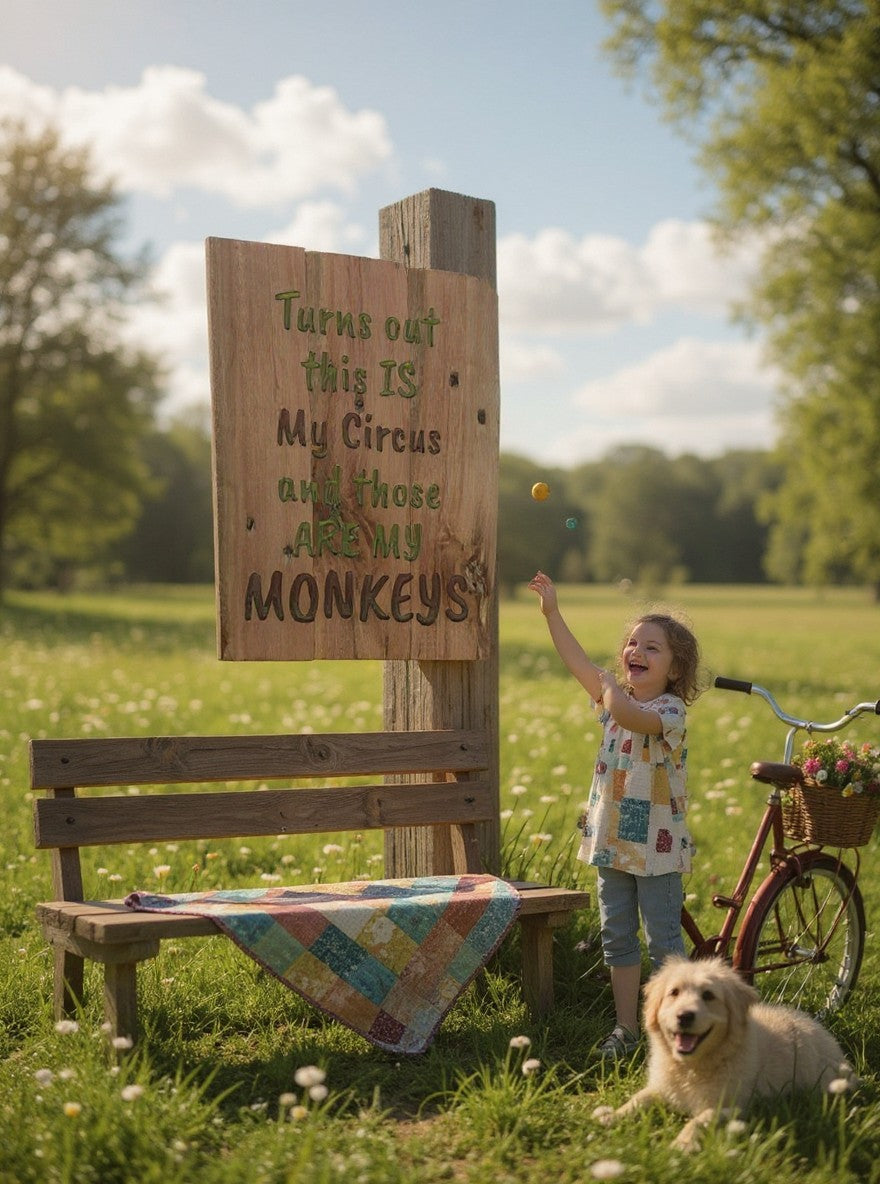 TK Wood Designs handcrafted wooden sign with playful text in a sunny outdoor setting with a child and puppy