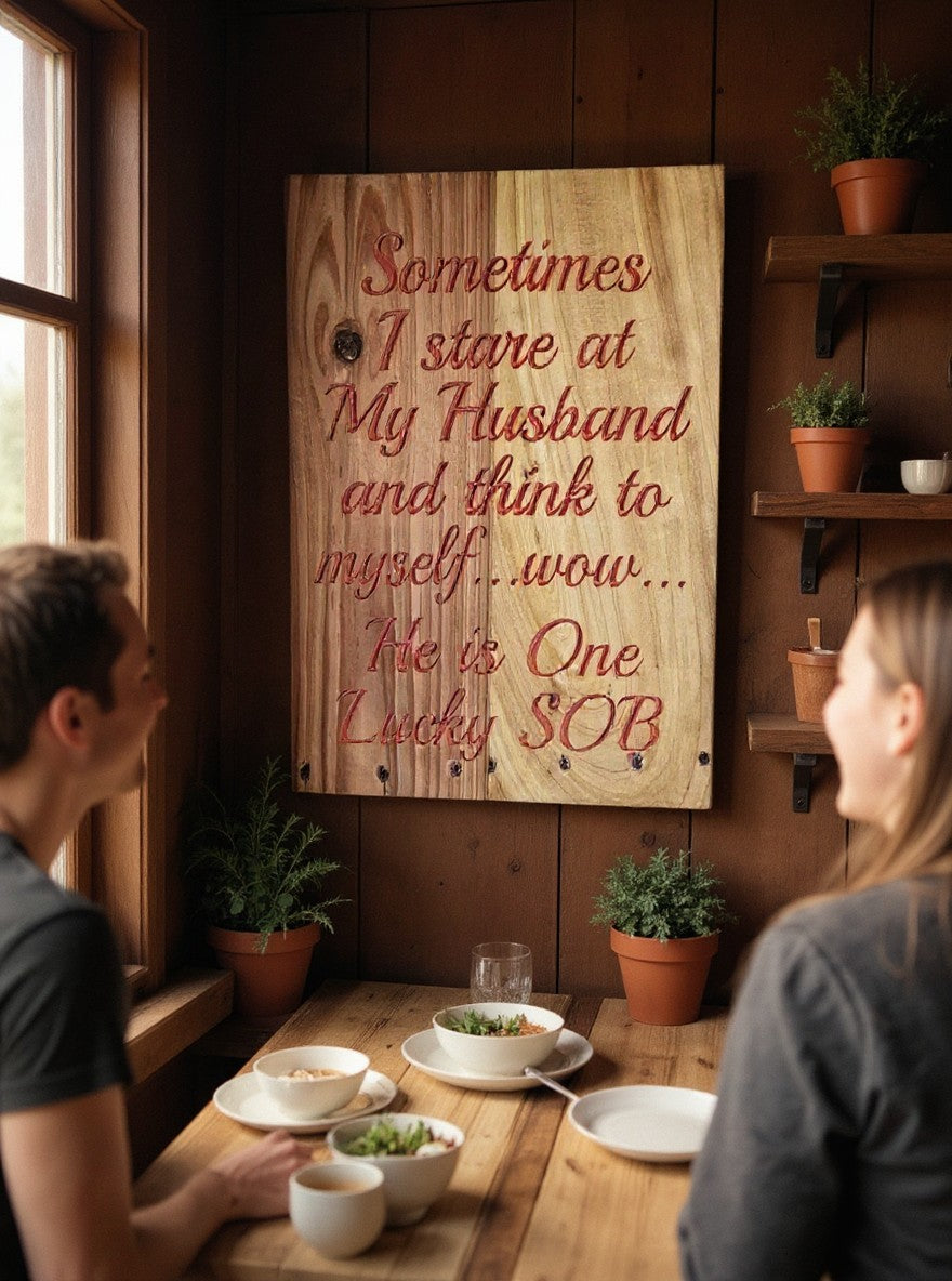 TK Wood Designs handcrafted wooden wall sign with humorous quote hanging in a rustic dining room with a couple