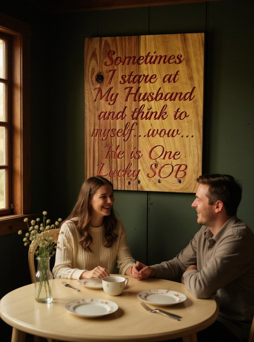 TK Wood Designs handcrafted wooden wall sign with a humorous quote hanging in a cozy dining room with a couple.