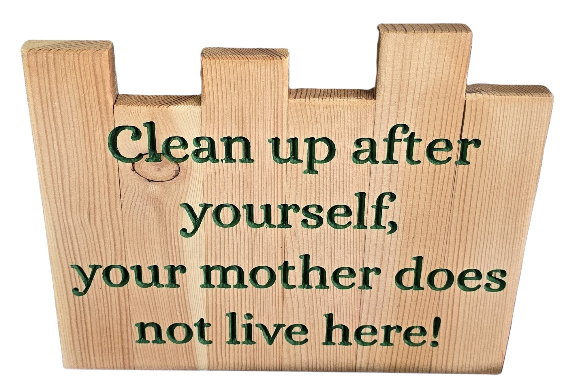 TK Wood Designs handmade wooden sign with green carved text reading "Clean up after yourself, your mother does not live here!"