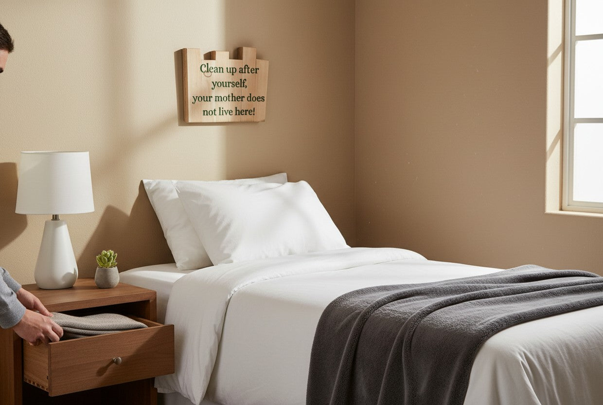 TK Wood Designs handmade wooden sign with green text reading "Clean up after yourself, your mother does not live here!"