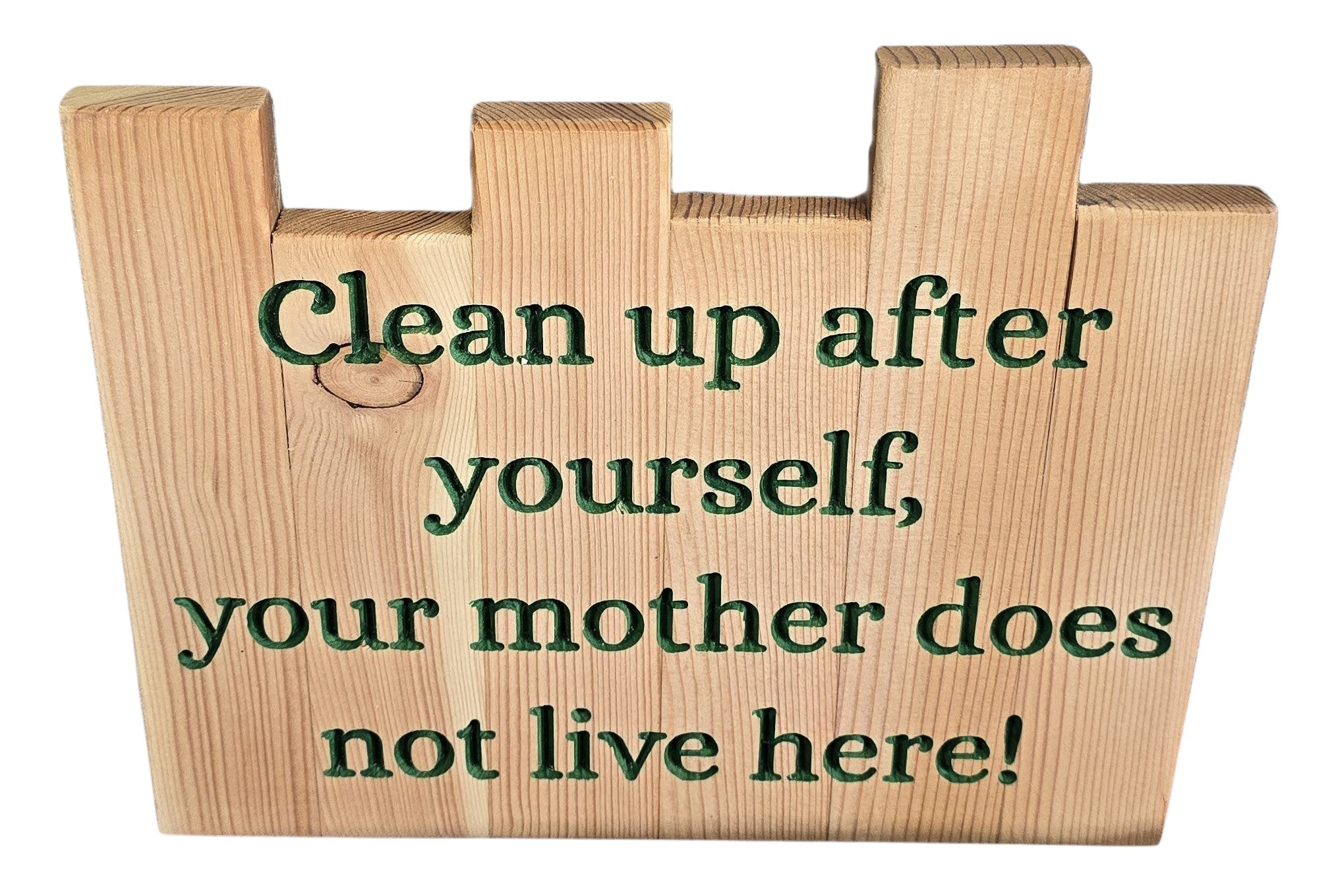 TK Wood Designs handmade wooden sign with green text reading "Clean up after yourself, your mother does not live here!"
