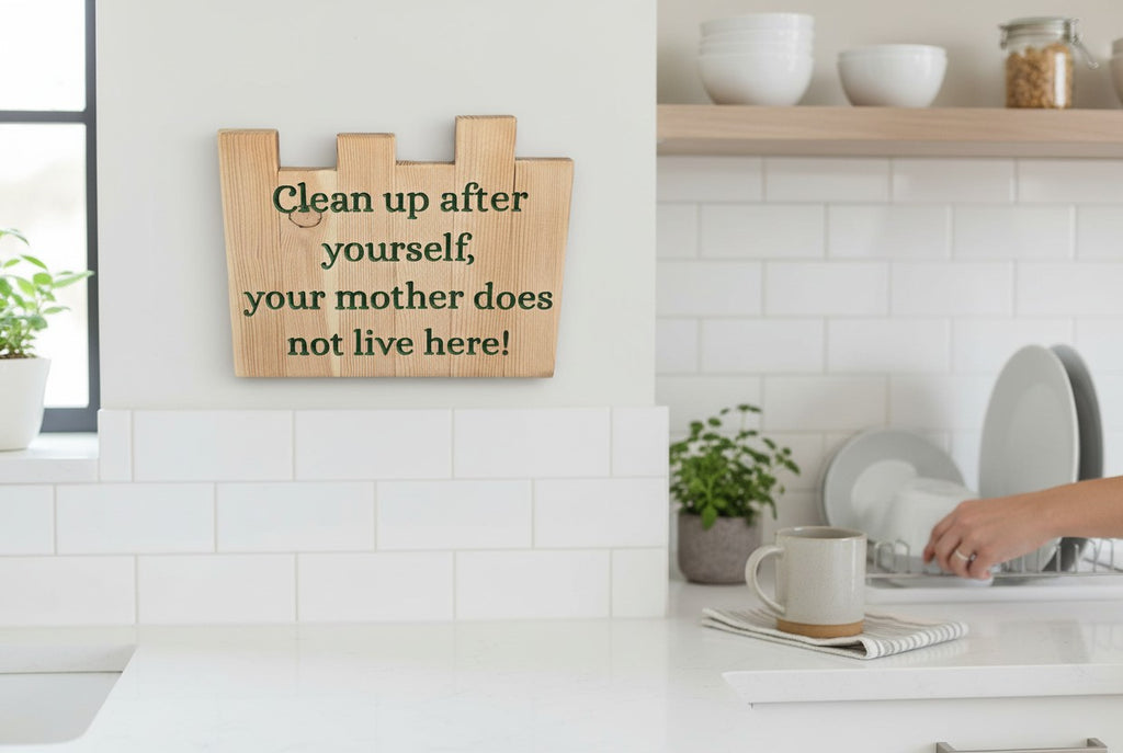 TK Wood Designs handmade wooden sign with green text that reads "Clean up after yourself, your mother does not live here!"