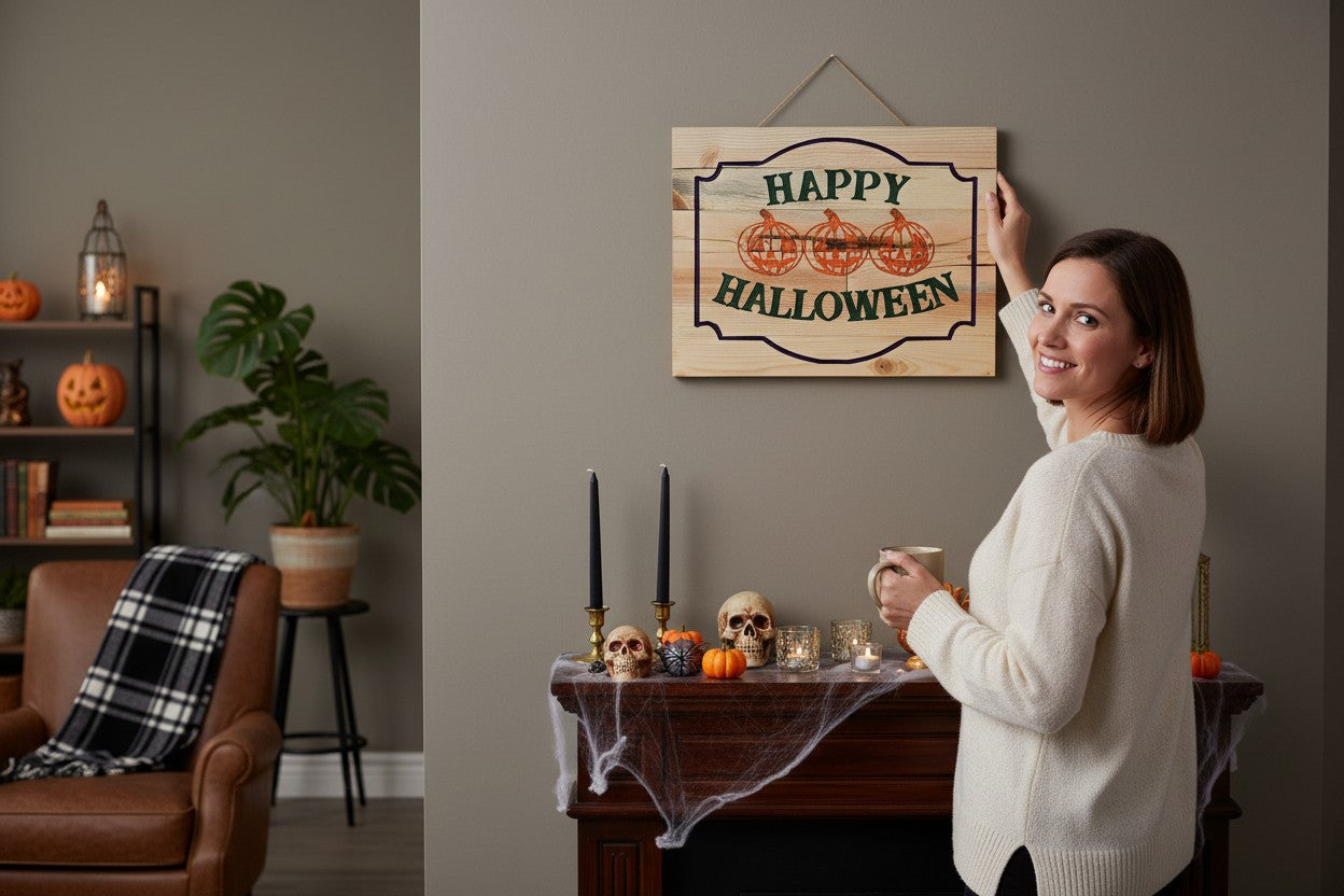 TK Wood Designs Happy Halloween wooden sign with three carved pumpkins and purple border. 12" H x 9" W.