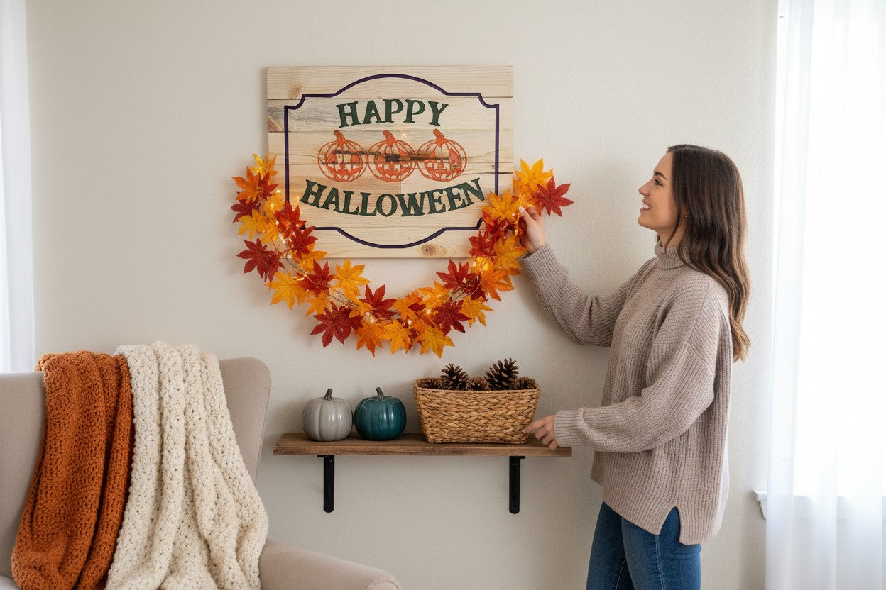 TK Wood Designs wooden sign with "Happy Halloween" and three carved pumpkins. 12" H x 9" W.